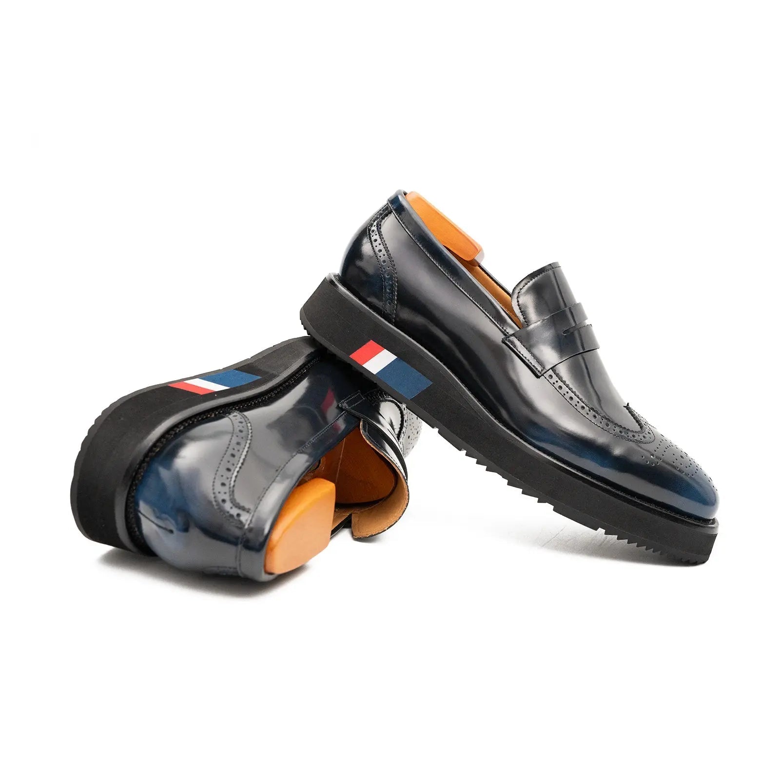 Men's Blue Hand Patina Calf Leather Loafers Platform Sole