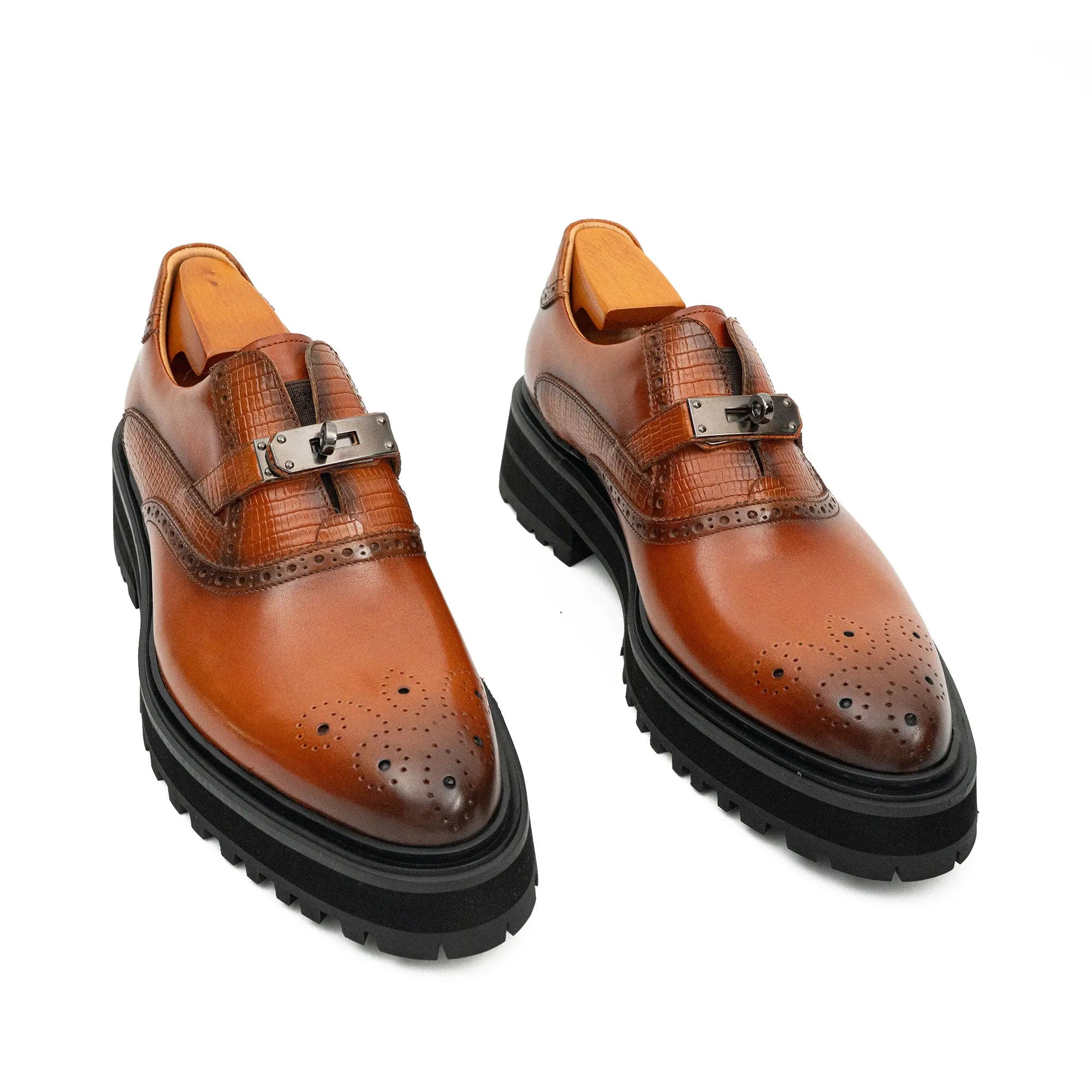 Brogue Detail Leather Premium Loafers Men's Leather Brown