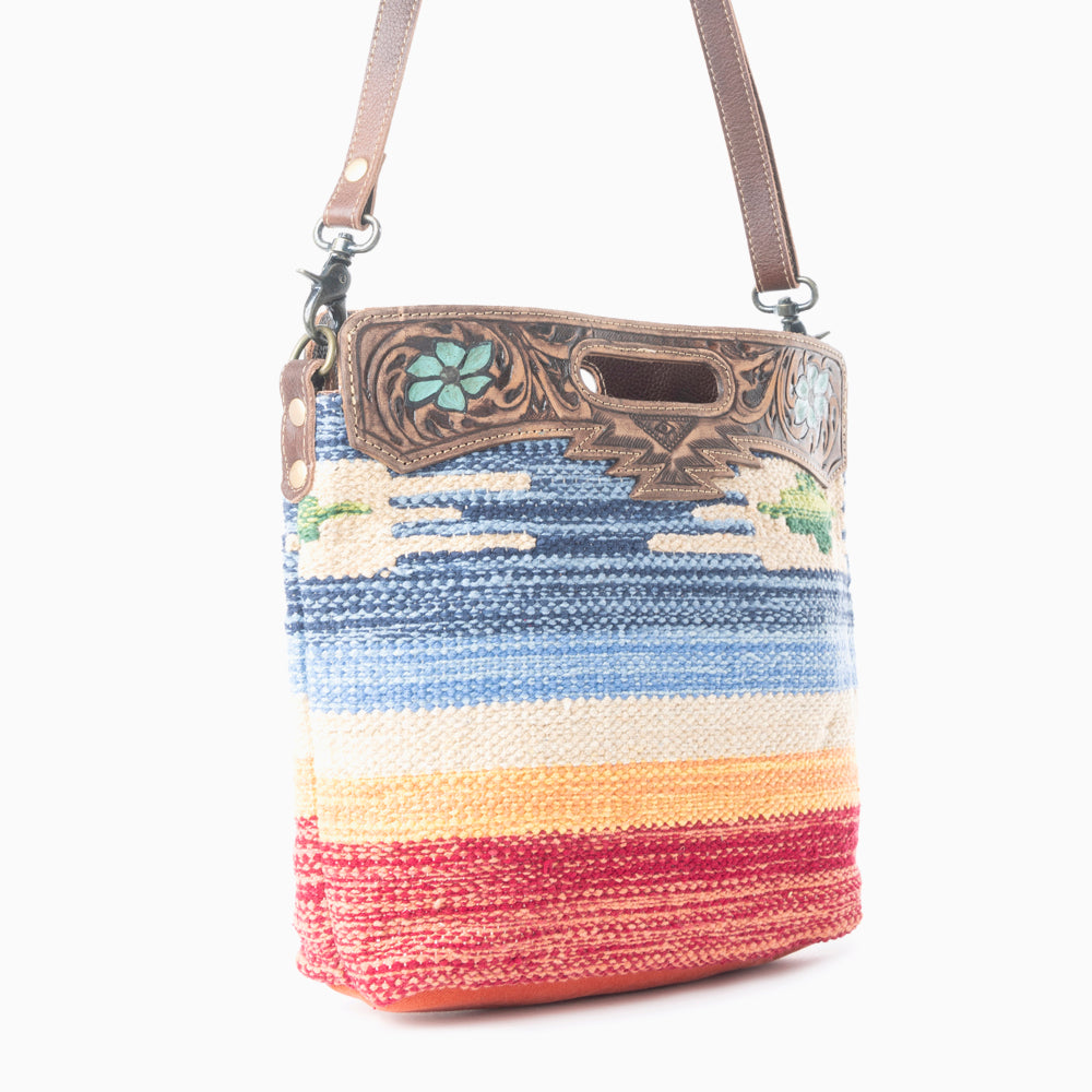 Myra Azure Petals Woven Crossbody Bag with Handtooled Leather – Multicolor Embroidery, Adjustable Strap & Cutout Handle