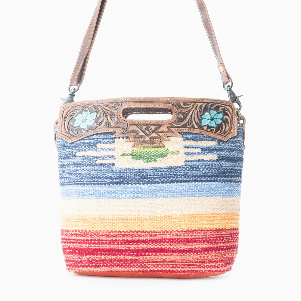 Myra Azure Petals Woven Crossbody Bag with Handtooled Leather – Multicolor Embroidery, Adjustable Strap & Cutout Handle
