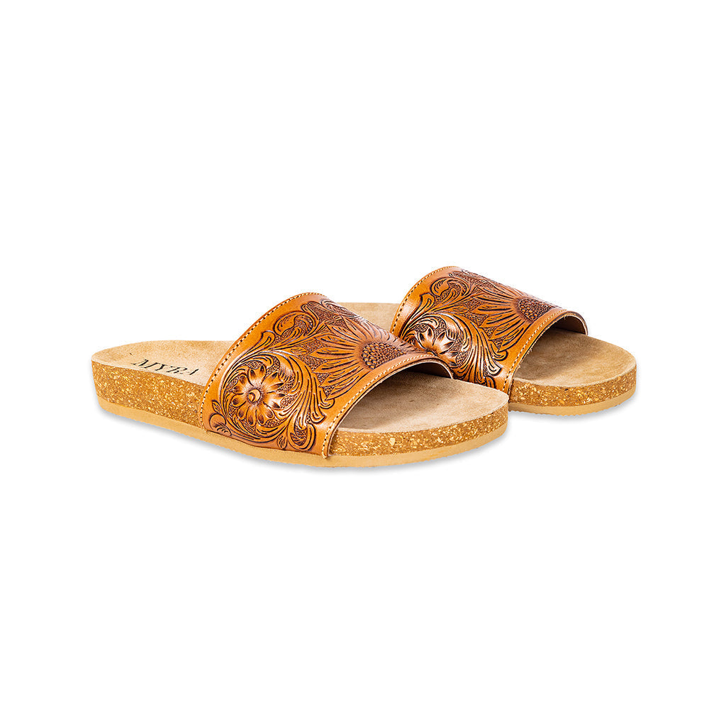 Myra Dottie Handtooled Leather Slide Sandals for Women – Floral Western Tooling with Cork Sole for Casual Comfort