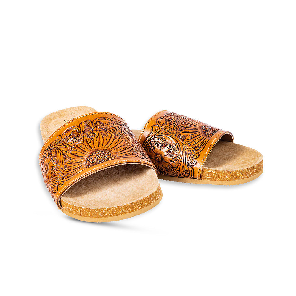 Myra Dottie Handtooled Leather Slide Sandals for Women – Floral Western Tooling with Cork Sole for Casual Comfort