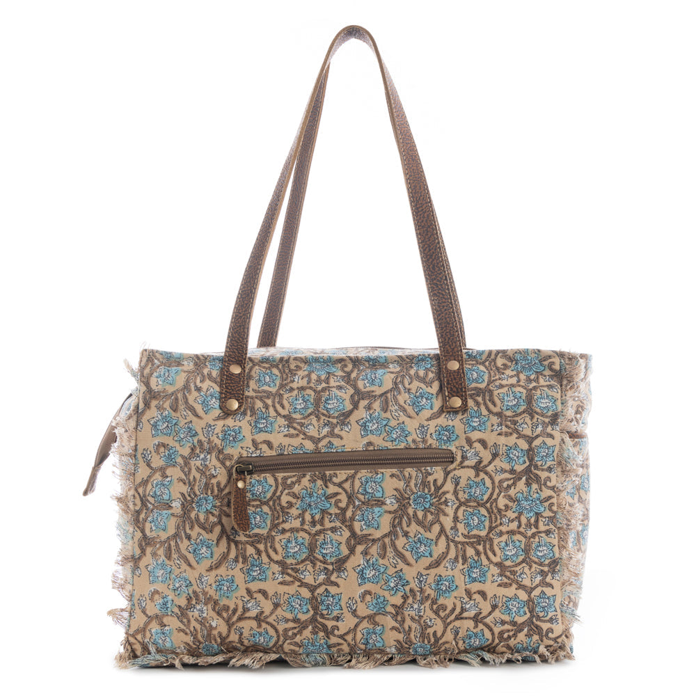 Myra San Ysidro Falls Floral Weekender Bag for Women – Distressed Fabric, Leather Handles & Rustic Fringe Details