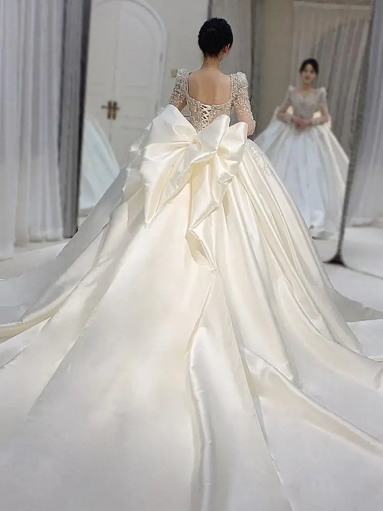 Luxurious Long Sleeves Wedding Satin Gown EDW21