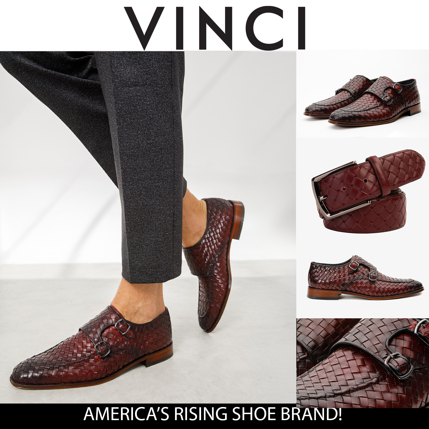 The Turan Burgundy Woven Double Monk Strap Dress Men Shoe