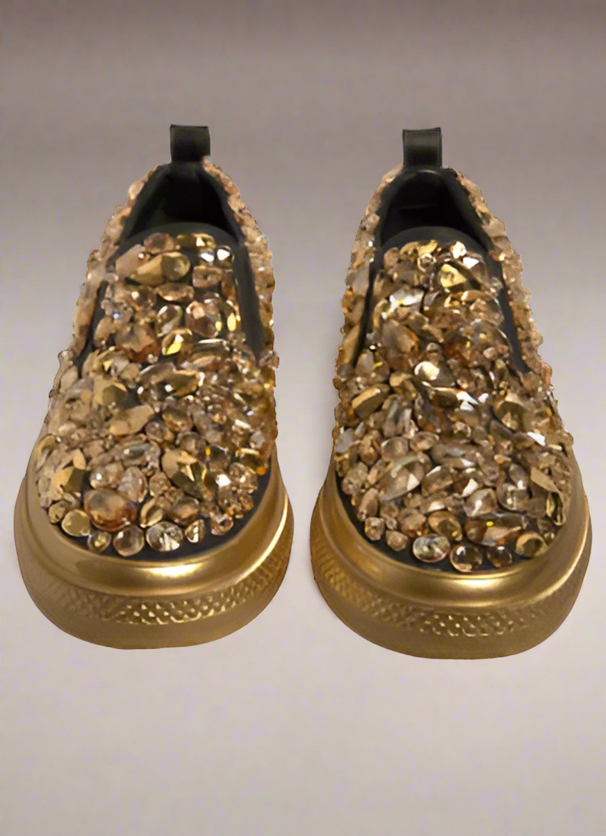 Dolce And Gabbana Men Gold Crystal Leather Slip On AQ685