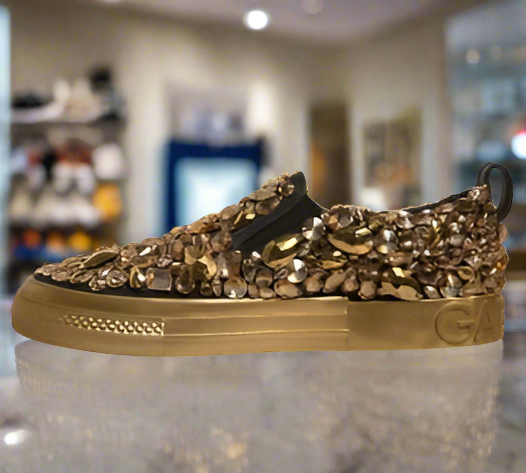 Dolce And Gabbana Men Gold Crystal Leather Slip On AQ685