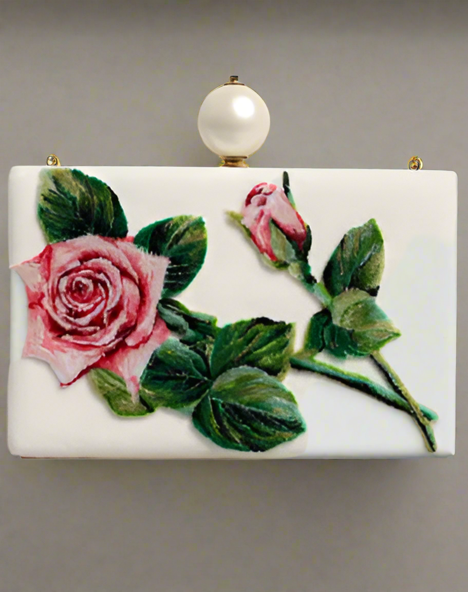 Dolce & Gabbana WHITE ROSE FLORAL FAUX PEARL MICROBAG CROSSBODY BAG
