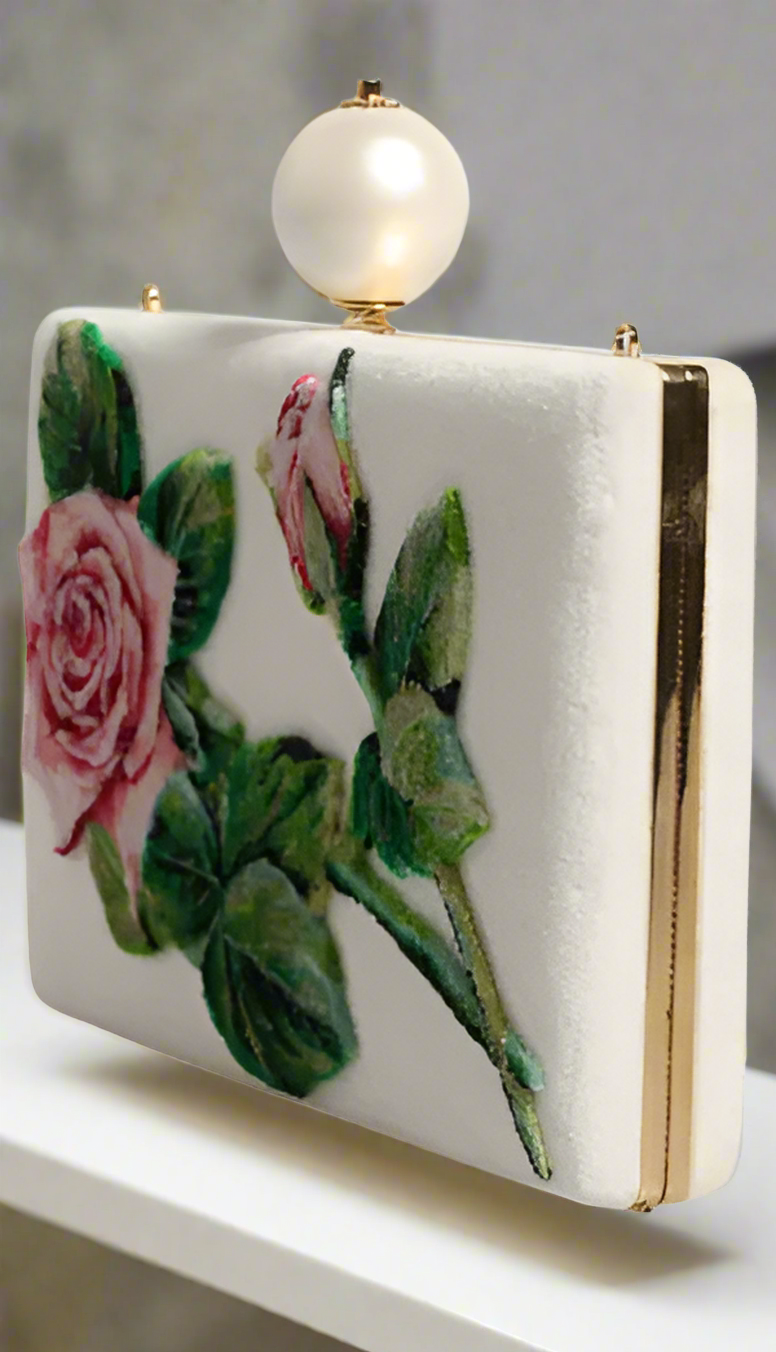 Dolce & Gabbana WHITE ROSE FLORAL FAUX PEARL MICROBAG CROSSBODY BAG