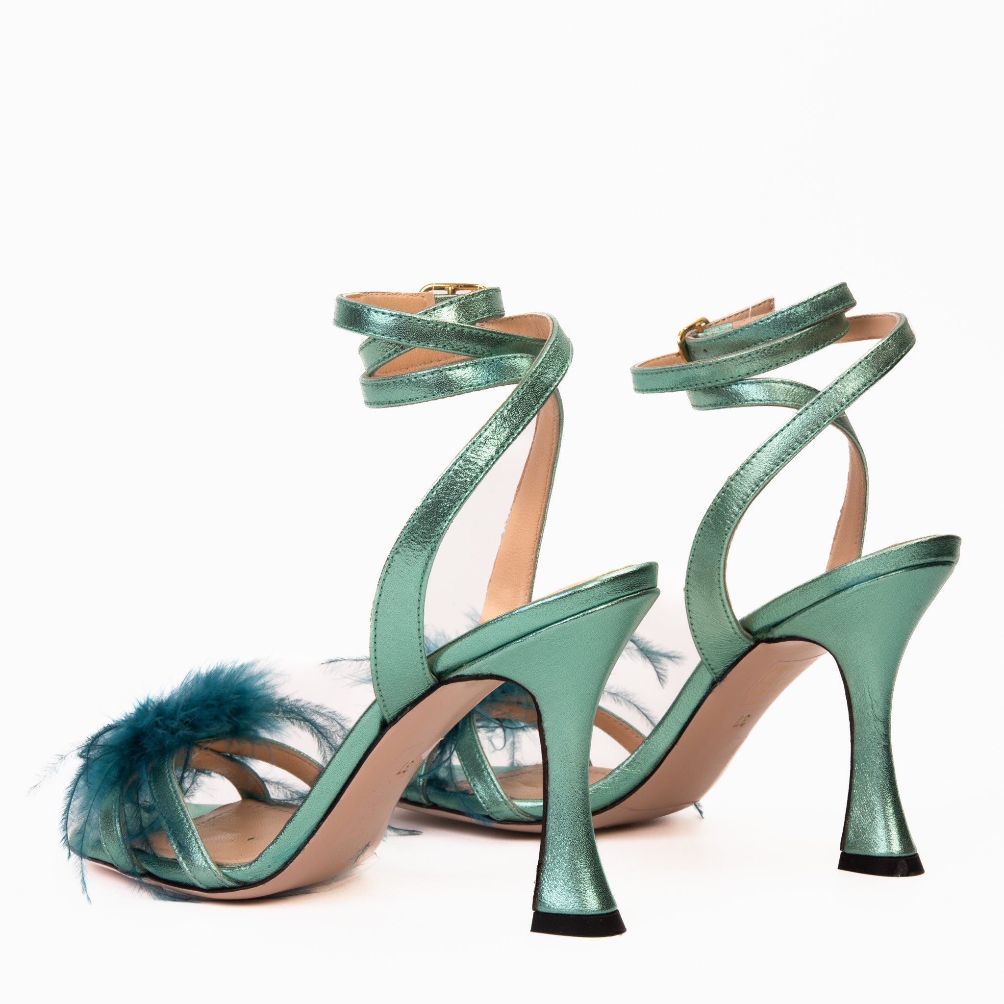 The Siena Turquoise Leather Ankle Strap Plumed Women Sandal Final Sale!