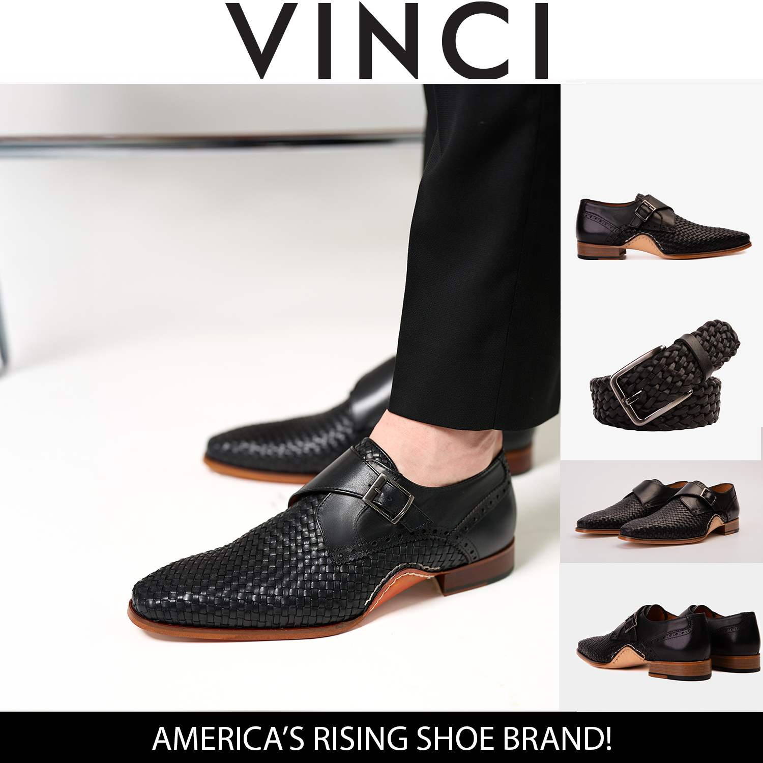 The Rolls Woven Black Leather Single Monk Strap Handmade Men Shoe