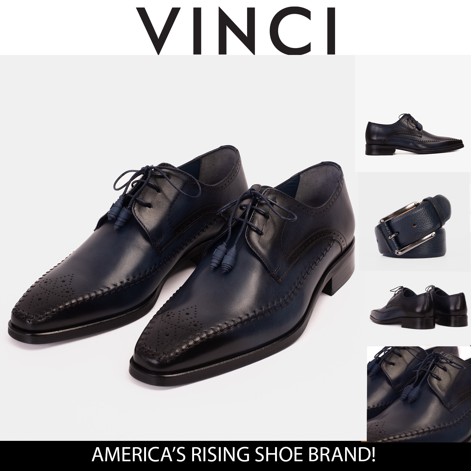 The Moon Navy Blue Leather Derby Men Shoe