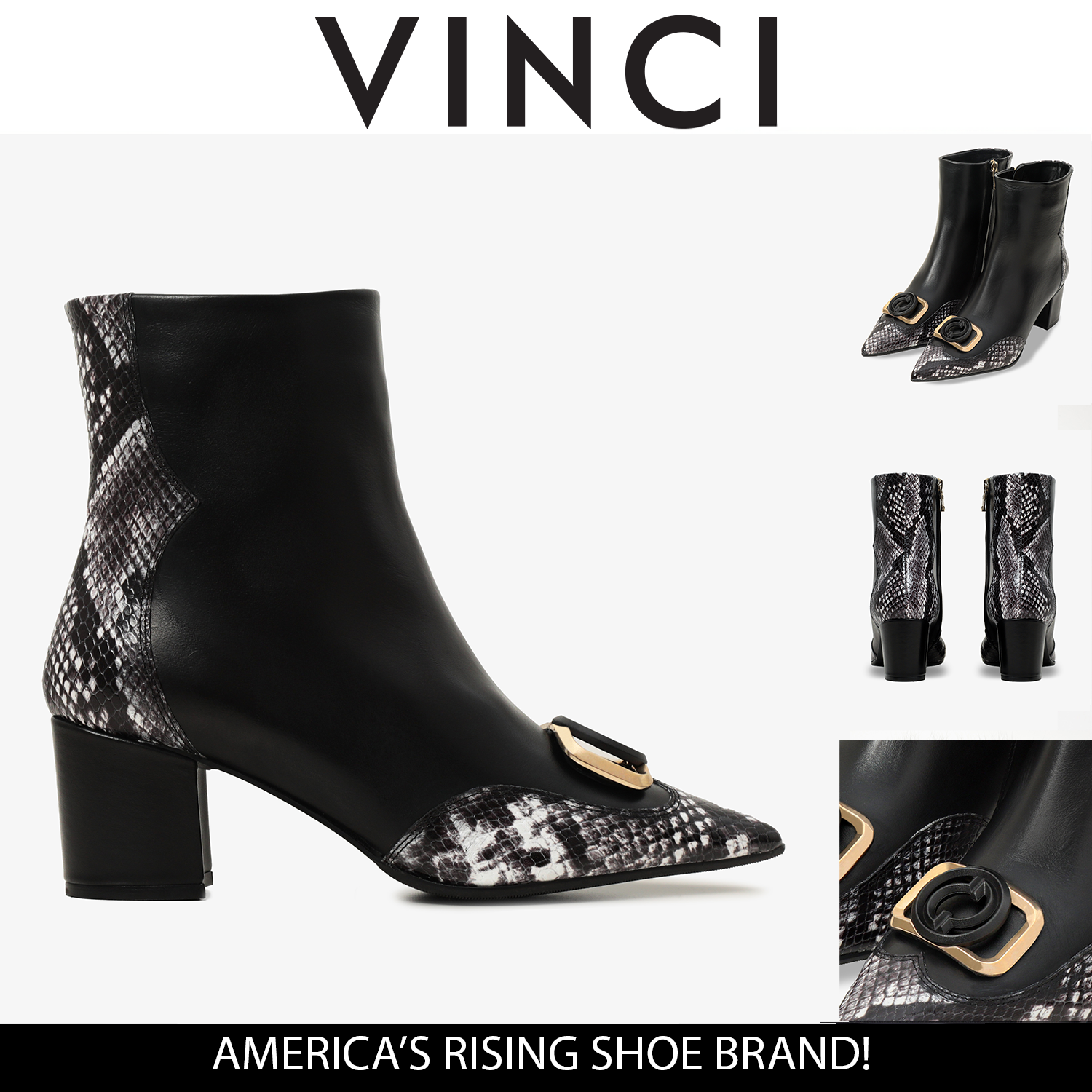 The Gray Black & White Leather Block Heel Women Boot