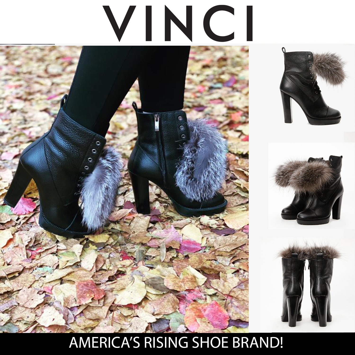 The Melo Black Leather Natural Fur Mid Calf Platform Heel Women Boot