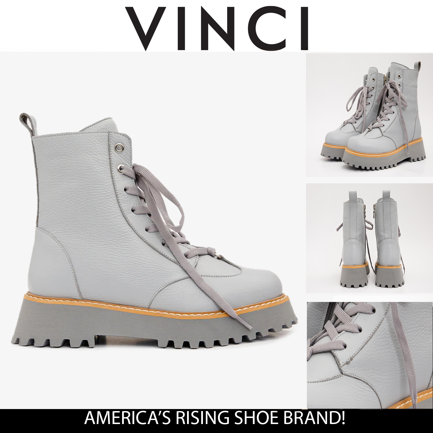 The Yildiz Grey Leather Lace-Up Ankle Women Boot With a Side Zipper