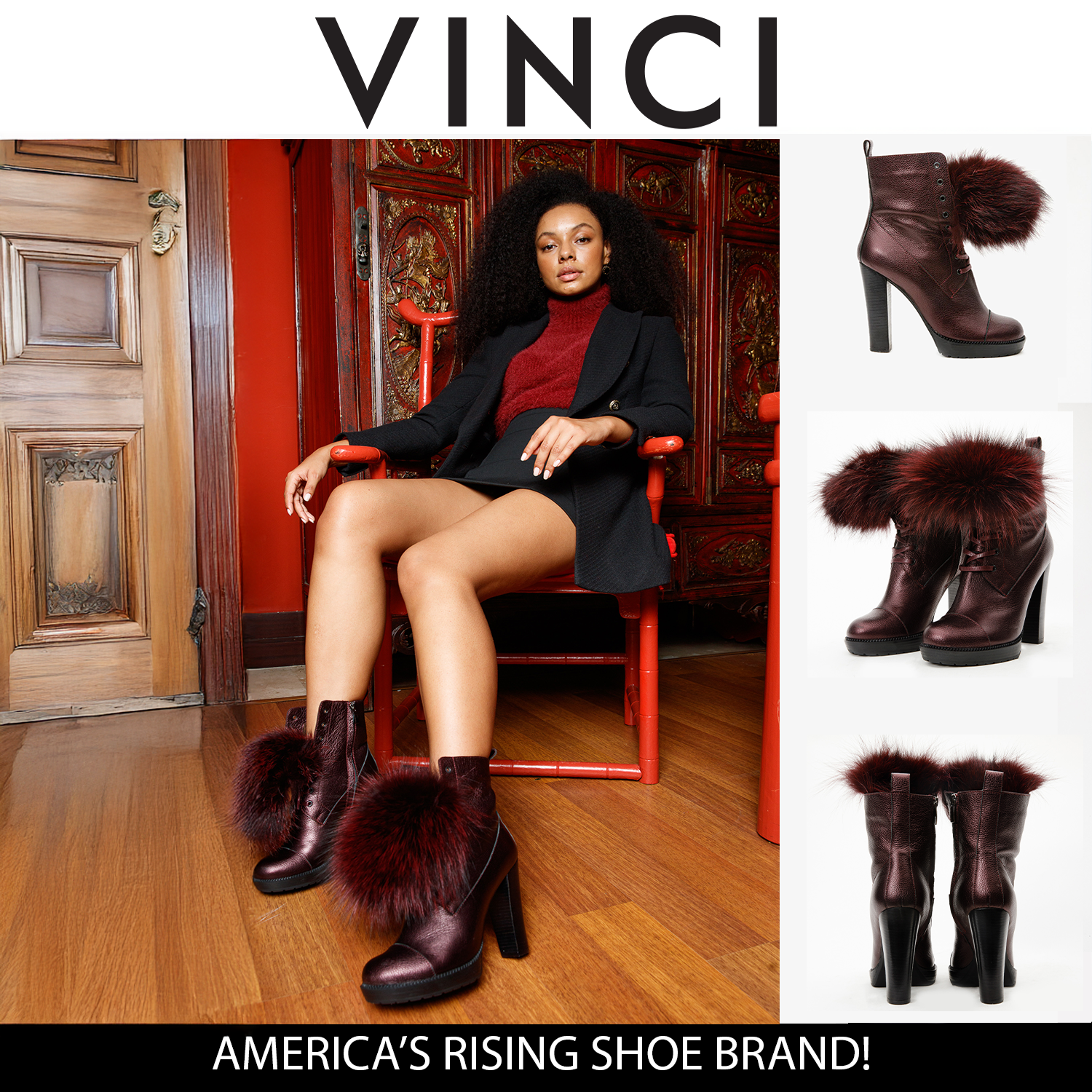 The Melo Burgundy Leather Natural Mid Calf Platform Heel Women Boot