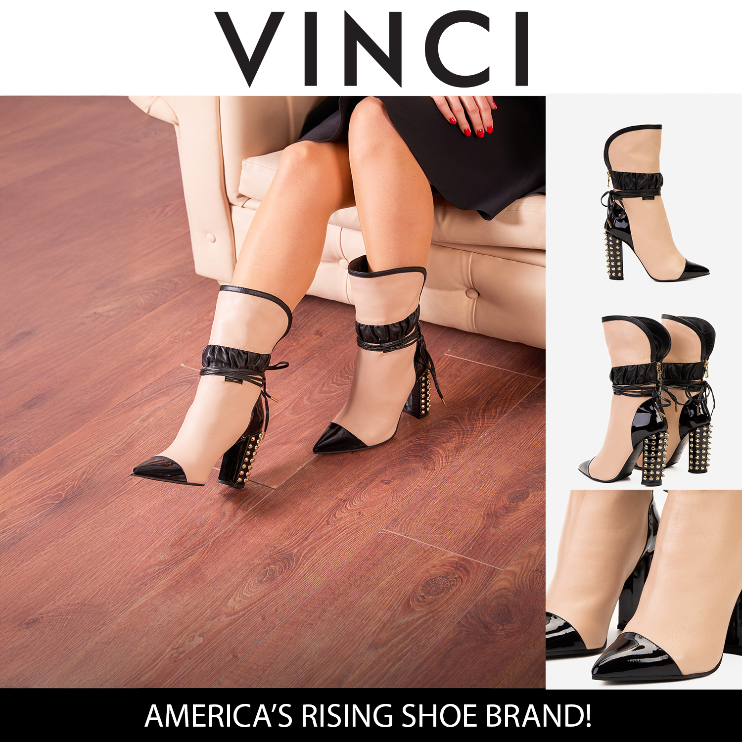 The Lucca Nude & Black Leather Mid Calf High Heel Women Boot Limited Edition