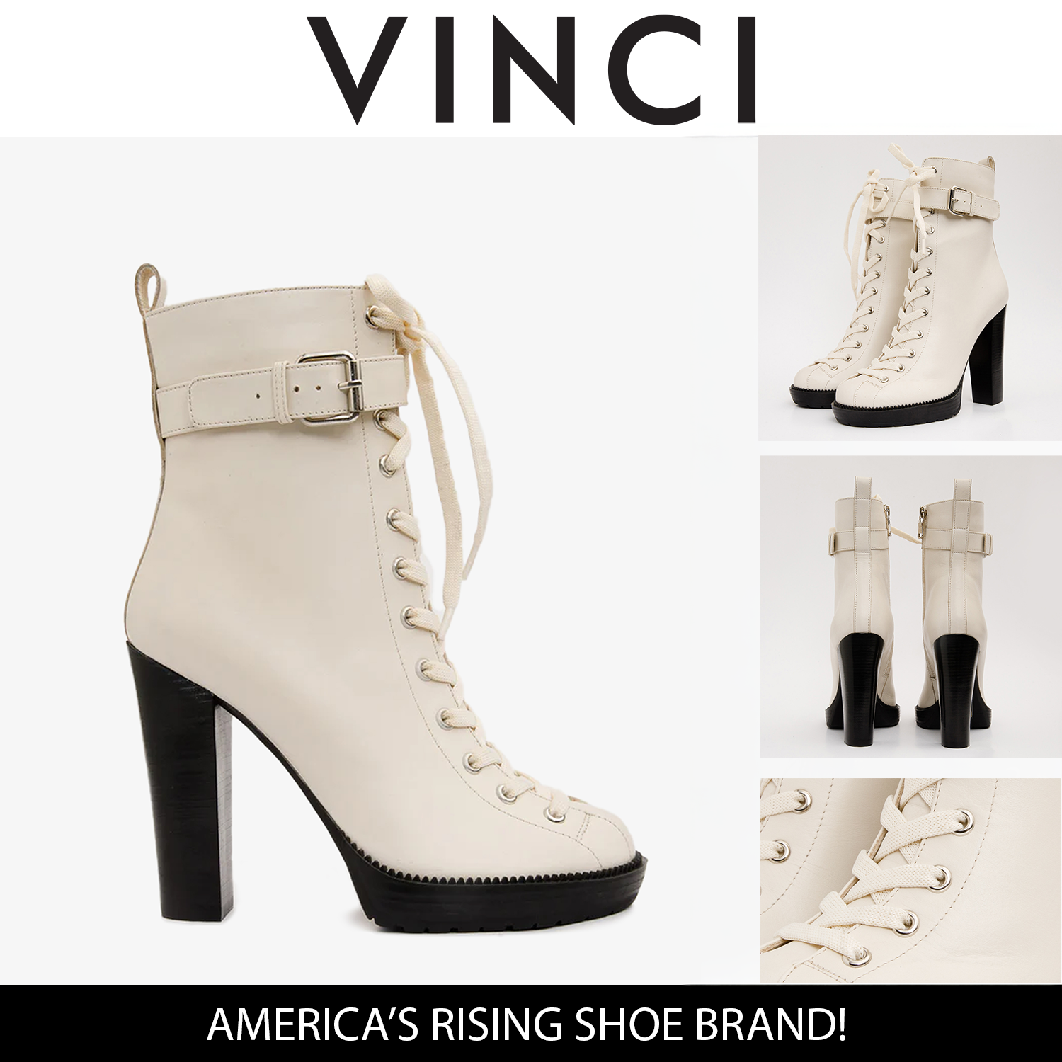 The Estrada Cream Leather Lace-Up Platform Heel Mid Calf Women Boot