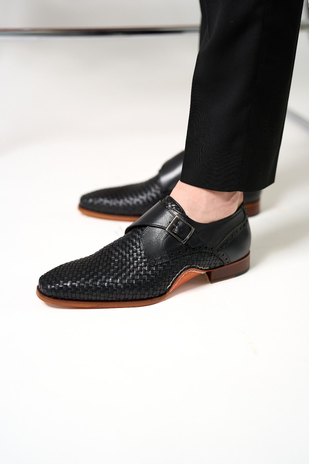 The Rolls Woven Black Leather Single Monk Strap Handmade Men Shoe