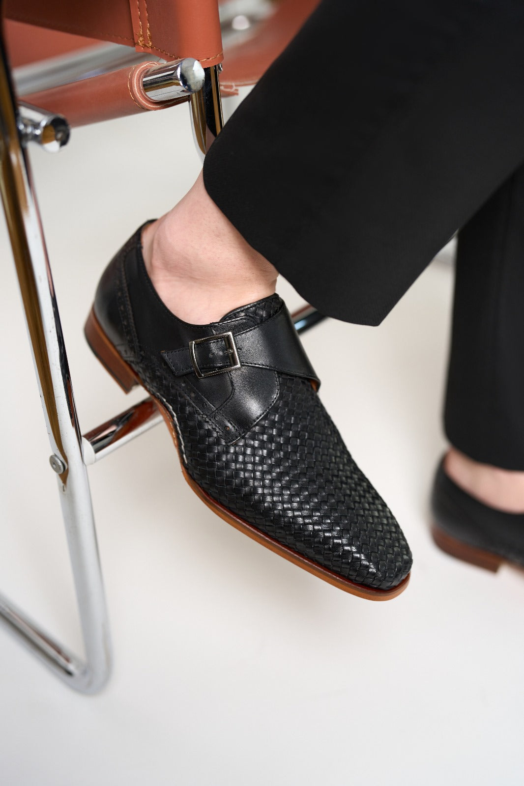 The Rolls Woven Black Leather Single Monk Strap Handmade Men Shoe
