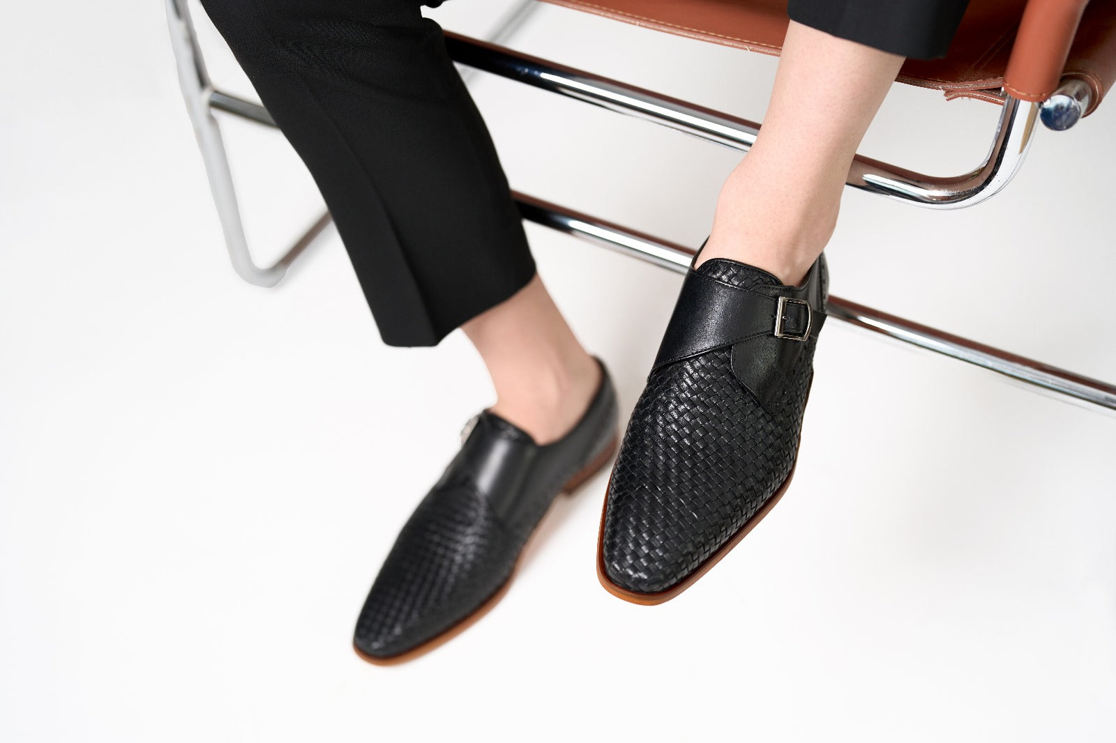 The Rolls Woven Black Leather Single Monk Strap Handmade Men Shoe