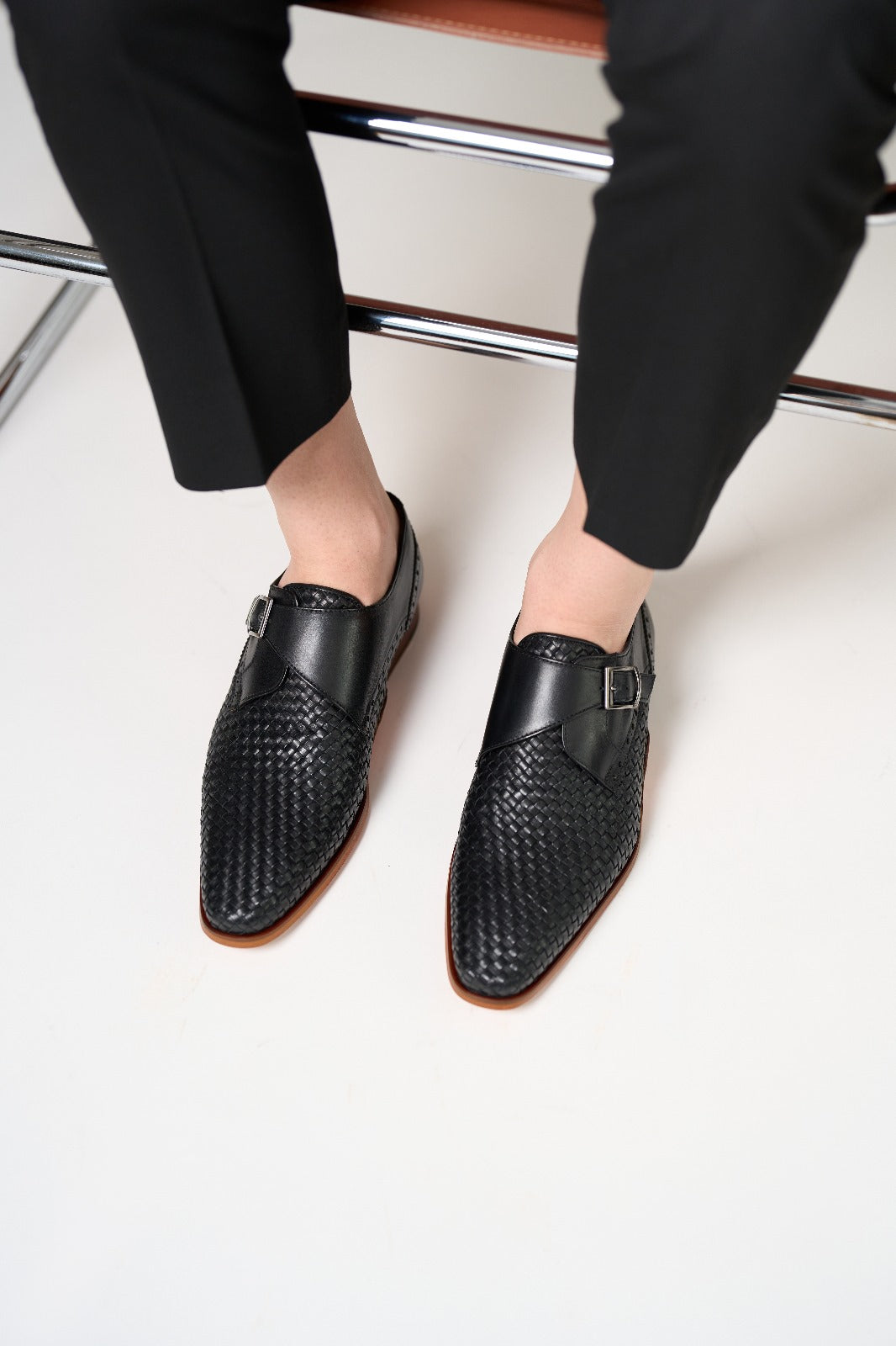 The Rolls Woven Black Leather Single Monk Strap Handmade Men Shoe