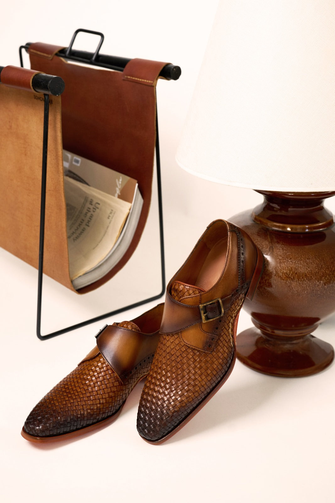 The Rolls Woven Tan Leather Single Monk Strap Handmade Men Shoe