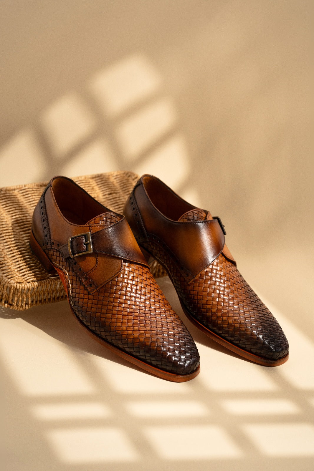 The Rolls Woven Tan Leather Single Monk Strap Handmade Men Shoe