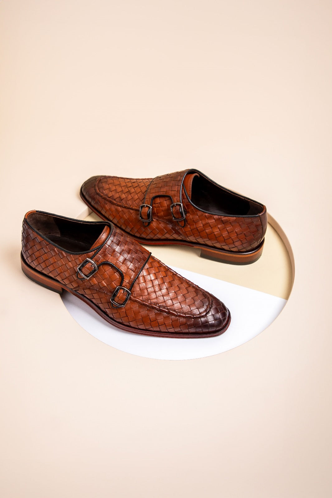 The Turan Brown Woven Double Monk Strap Dress Men Shoe