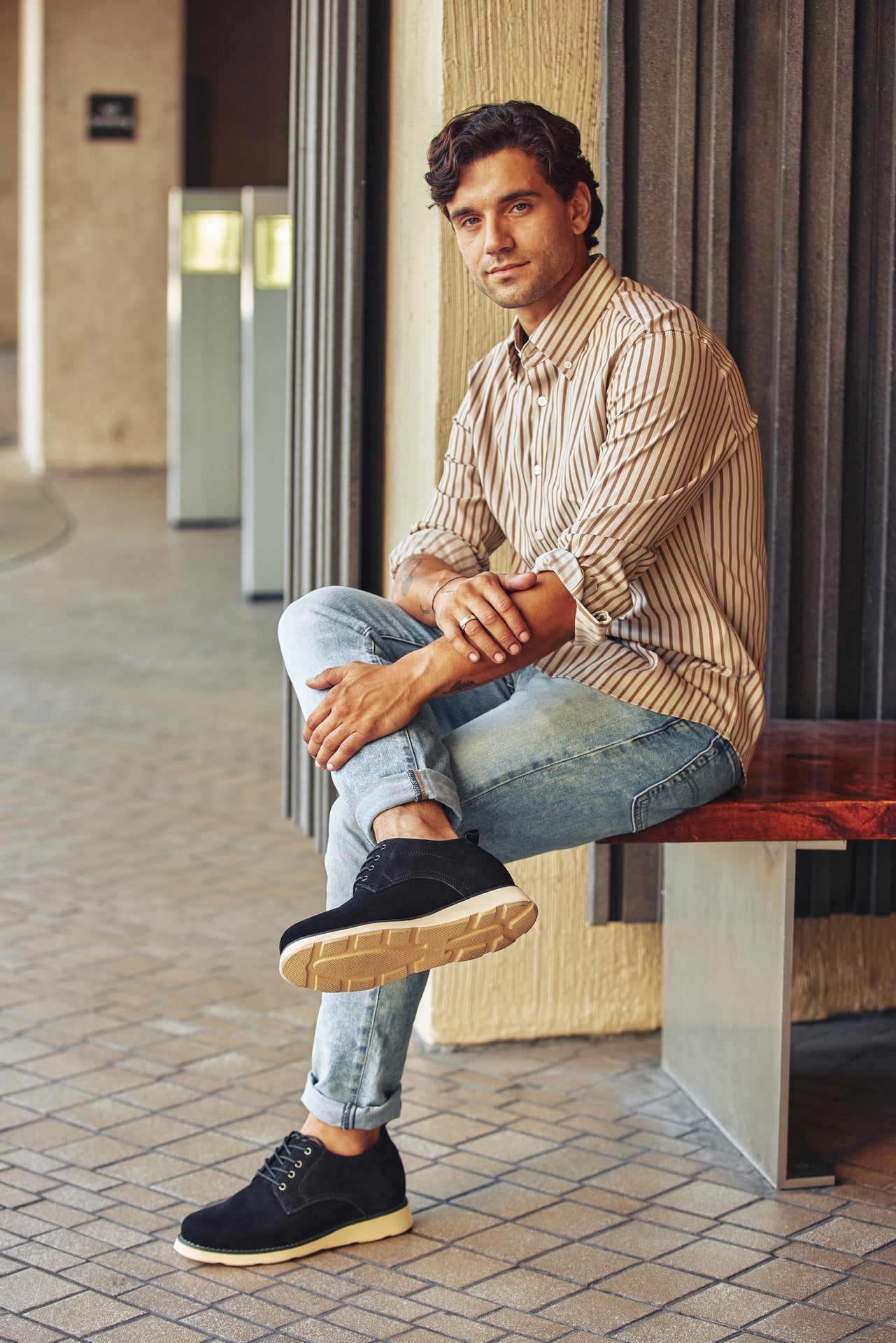 CALTO - Y7261 - 2.8 Inches Taller (Black) - Nubuck Upper Wedge Sole Work Boots