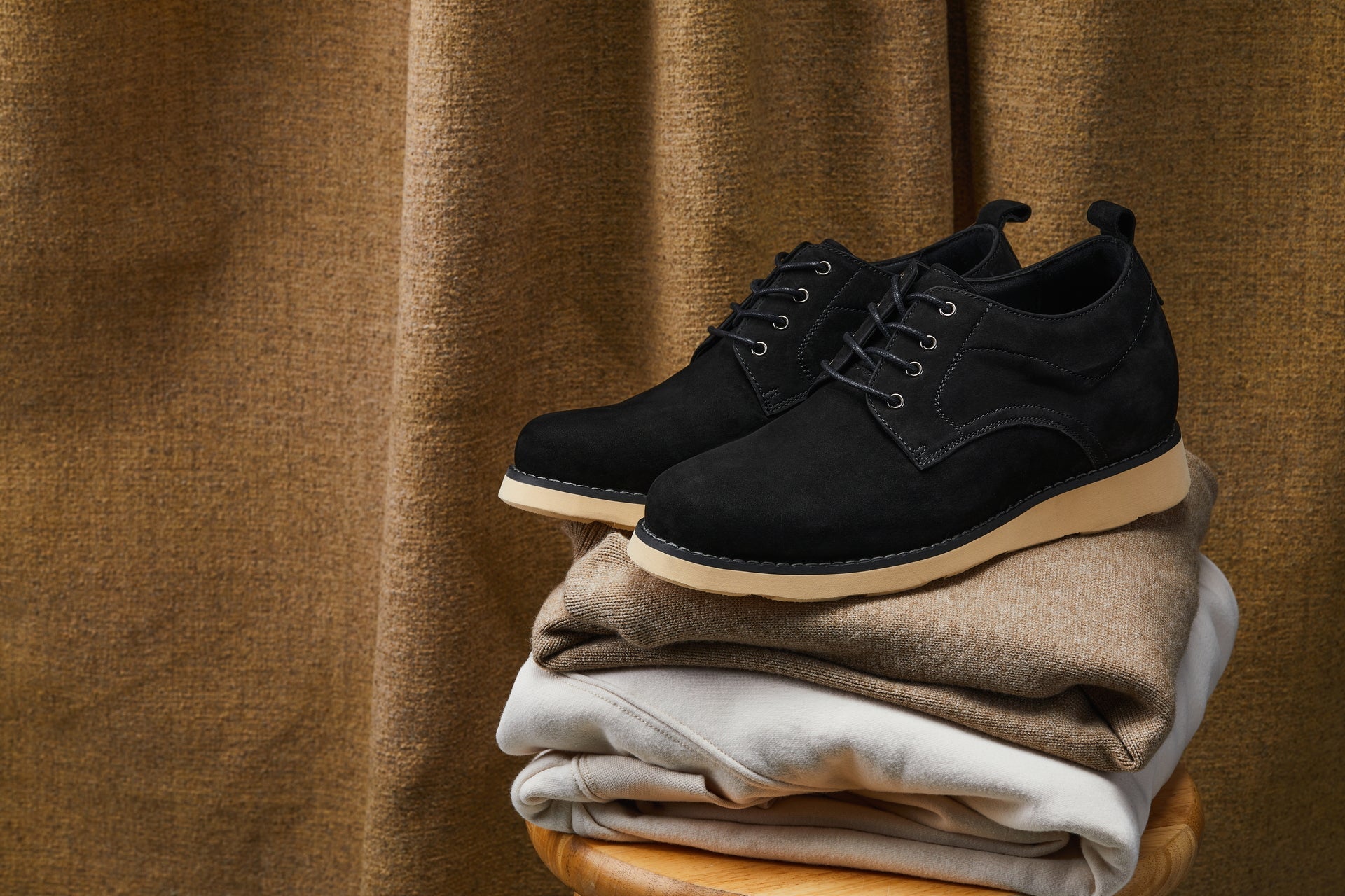 CALTO - Y7261 - 2.8 Inches Taller (Black) - Nubuck Upper Wedge Sole Work Boots