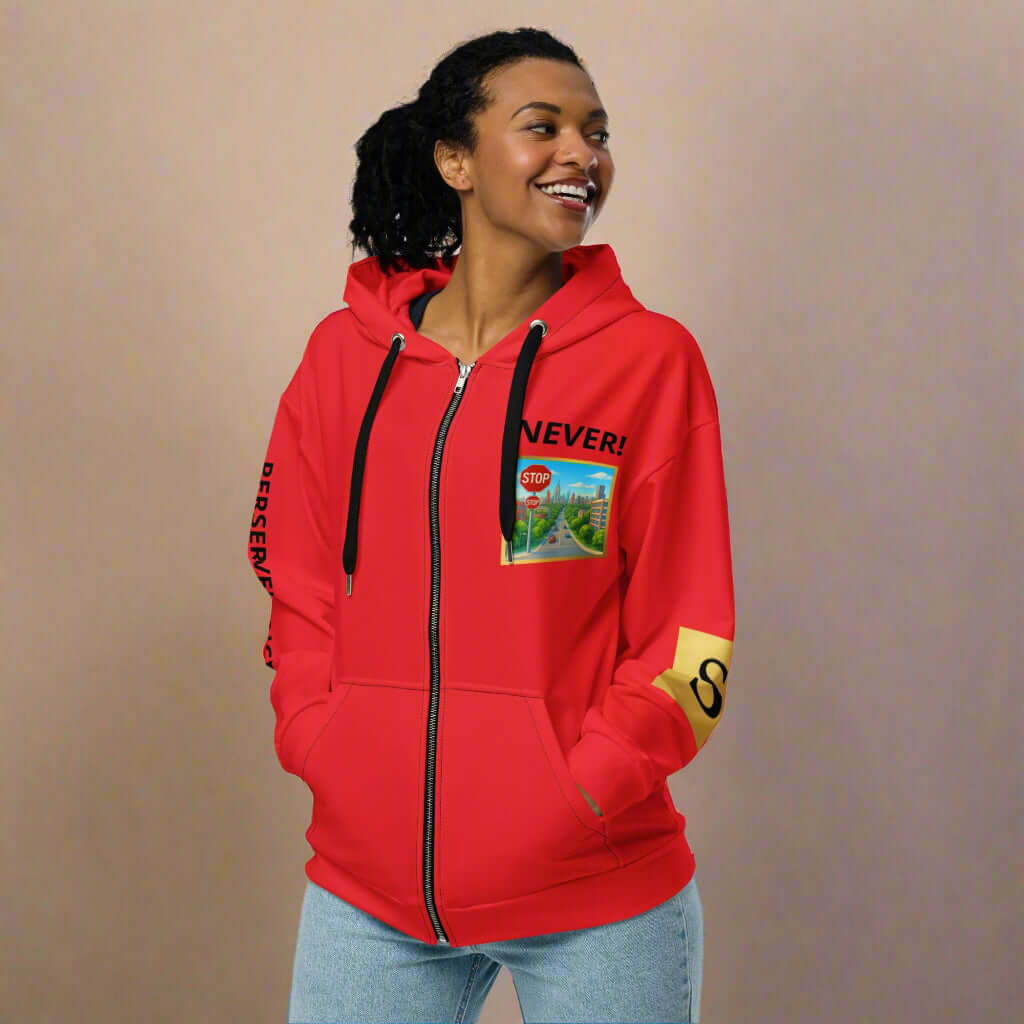 "PERSEVERANCE" Unisex red graphic zip Unisex zip hoodie (Updated Design)