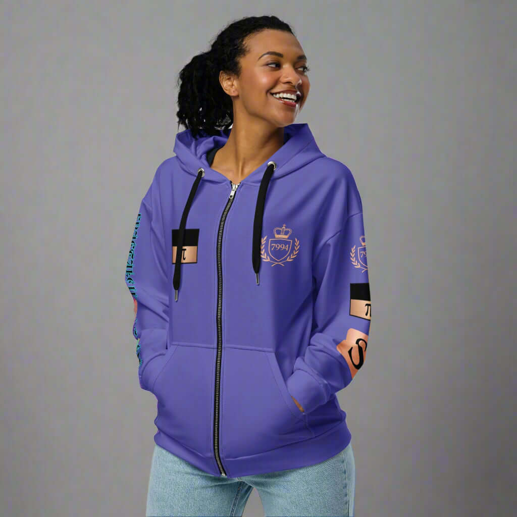 "Fractiπ" Unisex multicolor purple graphic art zip hoodie (Updated design)