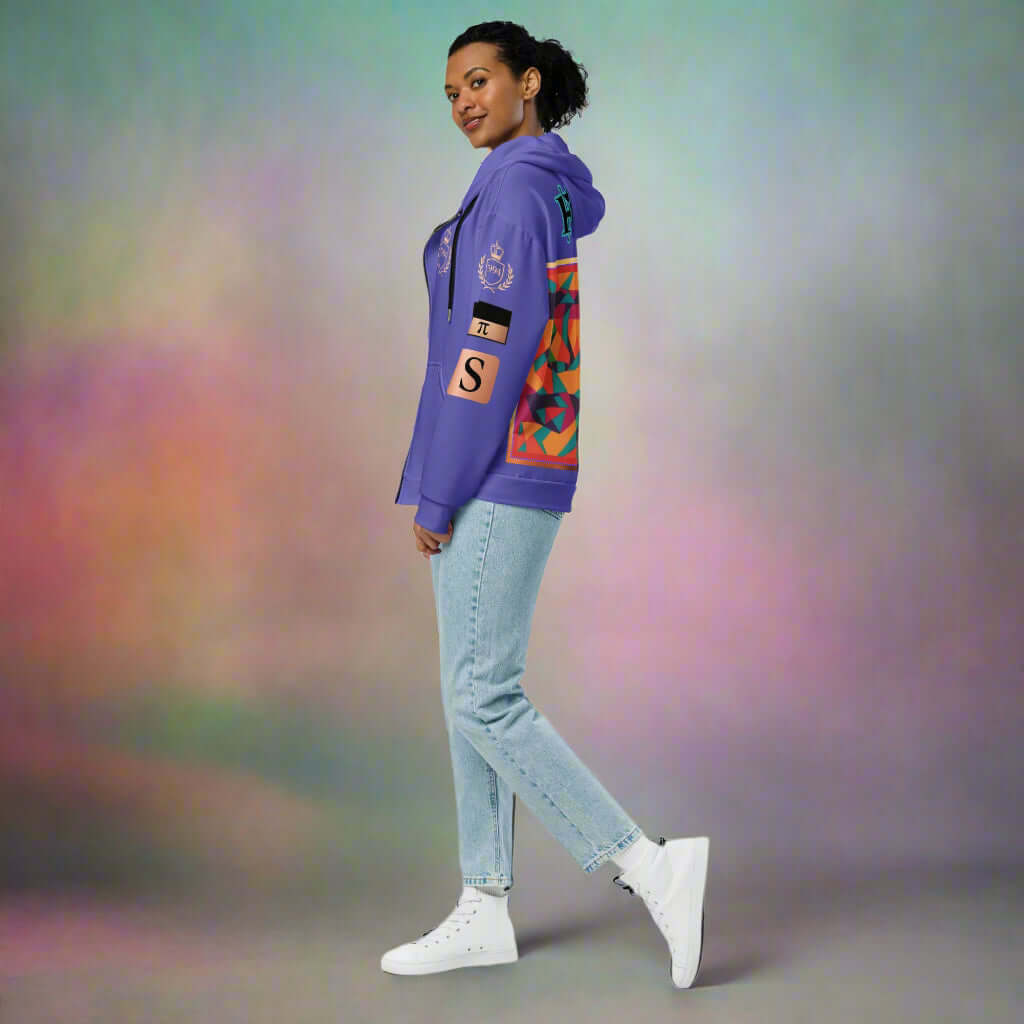 "Fractiπ" Unisex multicolor purple graphic art zip hoodie (Updated design)