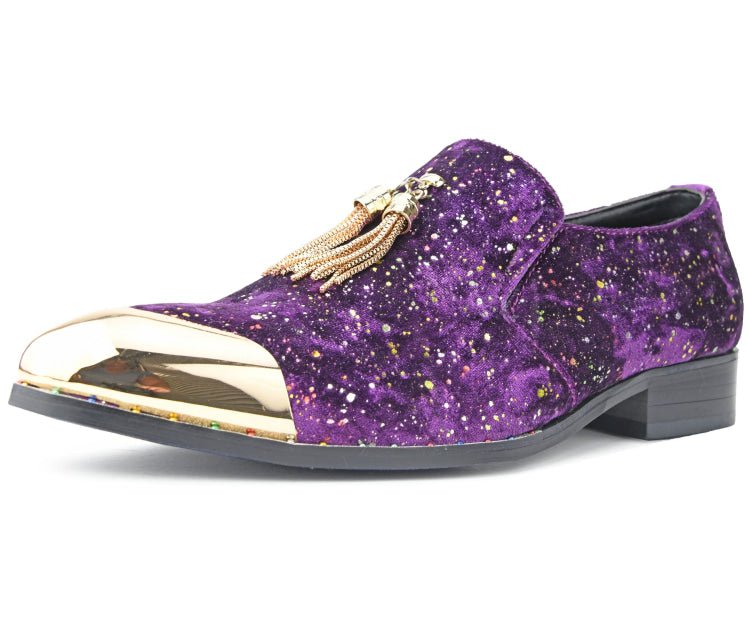 Amali Chaz Purple Men's Glitter Dress Shoes With Tassels Smoking Slippers by Amali – Don't Panic Shoes