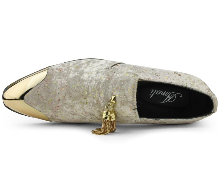 Amali Chaz Taupe Men’S Gold Glitter Dress Shoes Smoking Slippers by Amali – Don't Panic Shoes