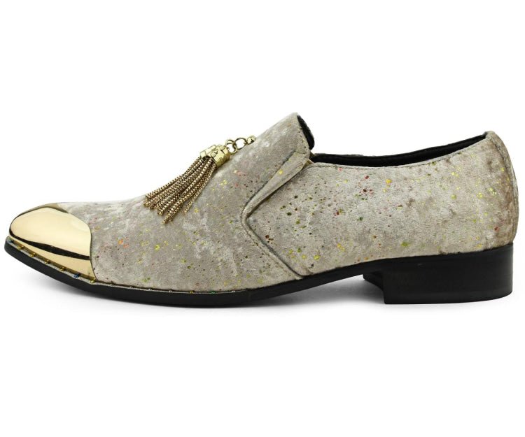 Amali Chaz Taupe Men’S Gold Glitter Dress Shoes Smoking Slippers by Amali – Don't Panic Shoes