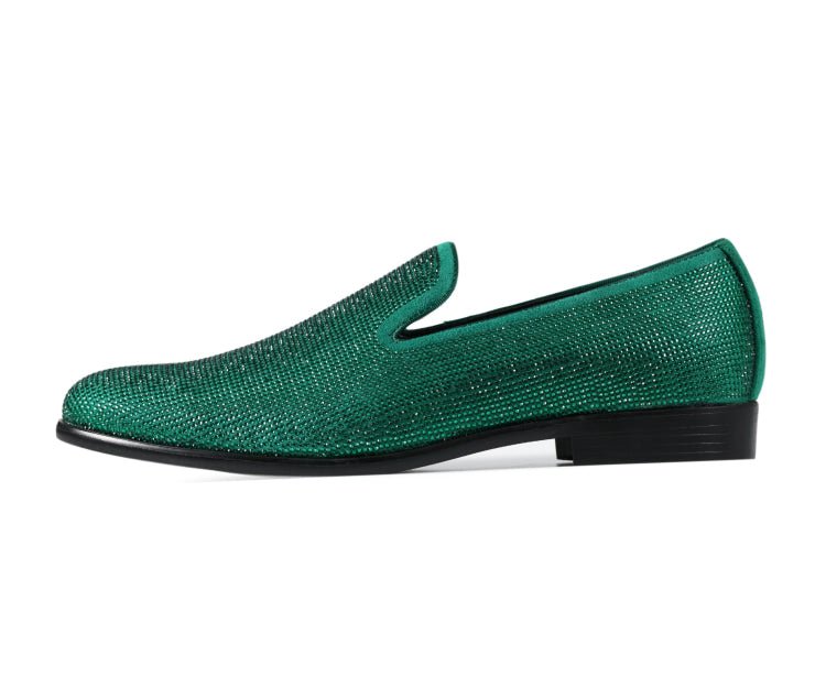 Amali Dazzle Men's Green Rhinestone Leather Slip On Loafers Smoking Slippers by Amali – Don't Panic Shoes