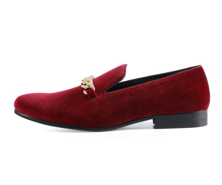Amali Fay Burgundy Men's Velvet Slip On Loafers With Chain Smoking Slippers by Amali – Don't Panic Shoes