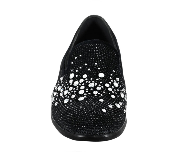 Amali Ivano Luxe RhineStone Loafers Men’s Velvet Black Silver Smoking Slippers by Amali – Don't Panic Shoes