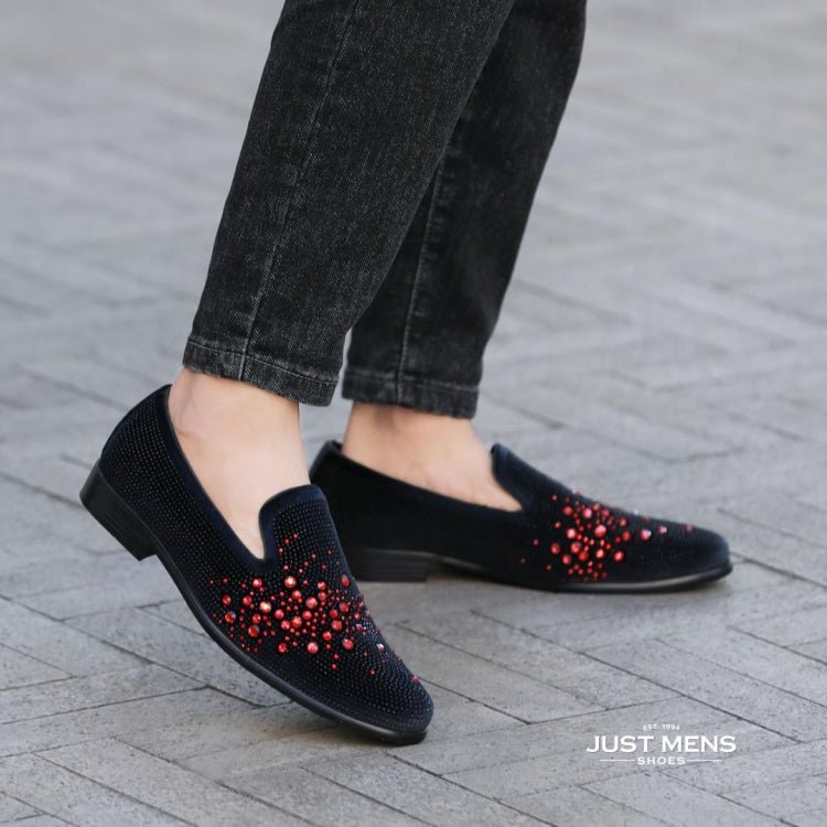 Amali Ivano Luxe Velvet RhineStone Loafers Men’s Black Red Smoking Slippers by Amali – Don't Panic Shoes