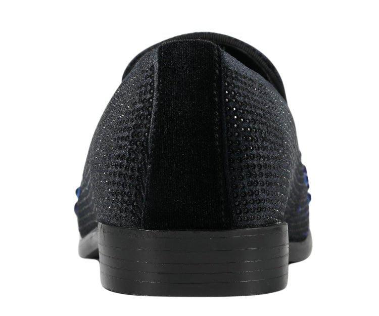 Amali Ivano Men’S Black And Royal Blue Rhinestone Luxe Velvet Loafers Smoking Slippers by Amali – Don't Panic Shoes