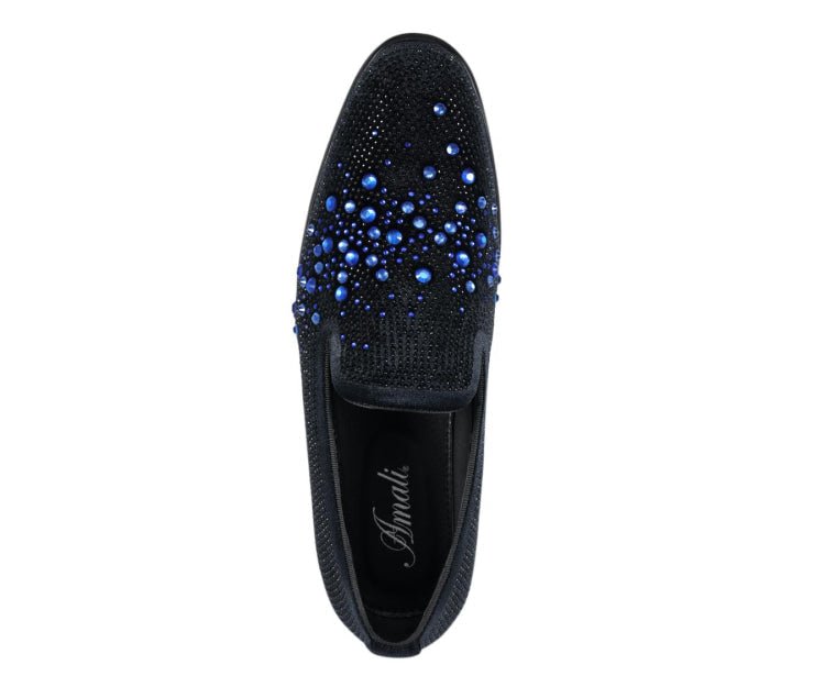 Amali Ivano Men’S Black And Royal Blue Rhinestone Luxe Velvet Loafers Smoking Slippers by Amali – Don't Panic Shoes