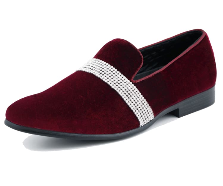 Amali Monarch Dazzling Burgundy Rhinestone Loafers Men's Velvet Smoking Slippers by Amali – Don't Panic Shoes