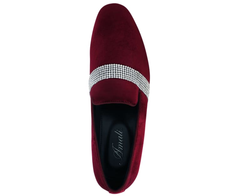 Amali Monarch Dazzling Burgundy Rhinestone Loafers Men's Velvet Smoking Slippers by Amali – Don't Panic Shoes