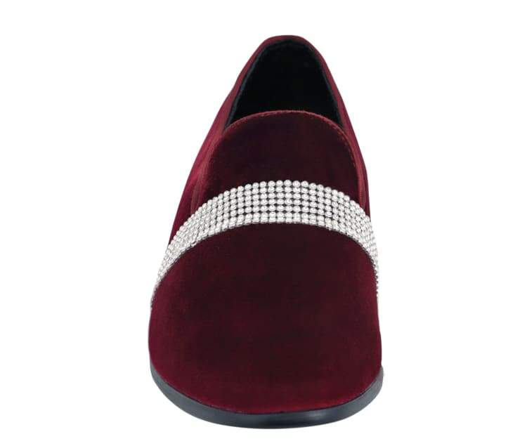 Amali Monarch Dazzling Burgundy Rhinestone Loafers Men's Velvet Smoking Slippers by Amali – Don't Panic Shoes