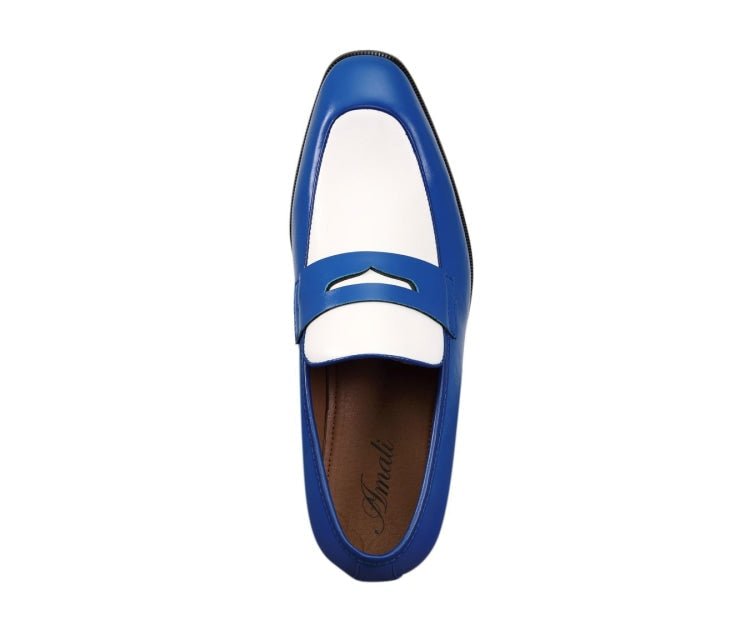 Amali Royal Elegance Two Tone Penny LoaferS Men’s Leather Royal Blue And White Loafers by Amali – Don't Panic Shoes