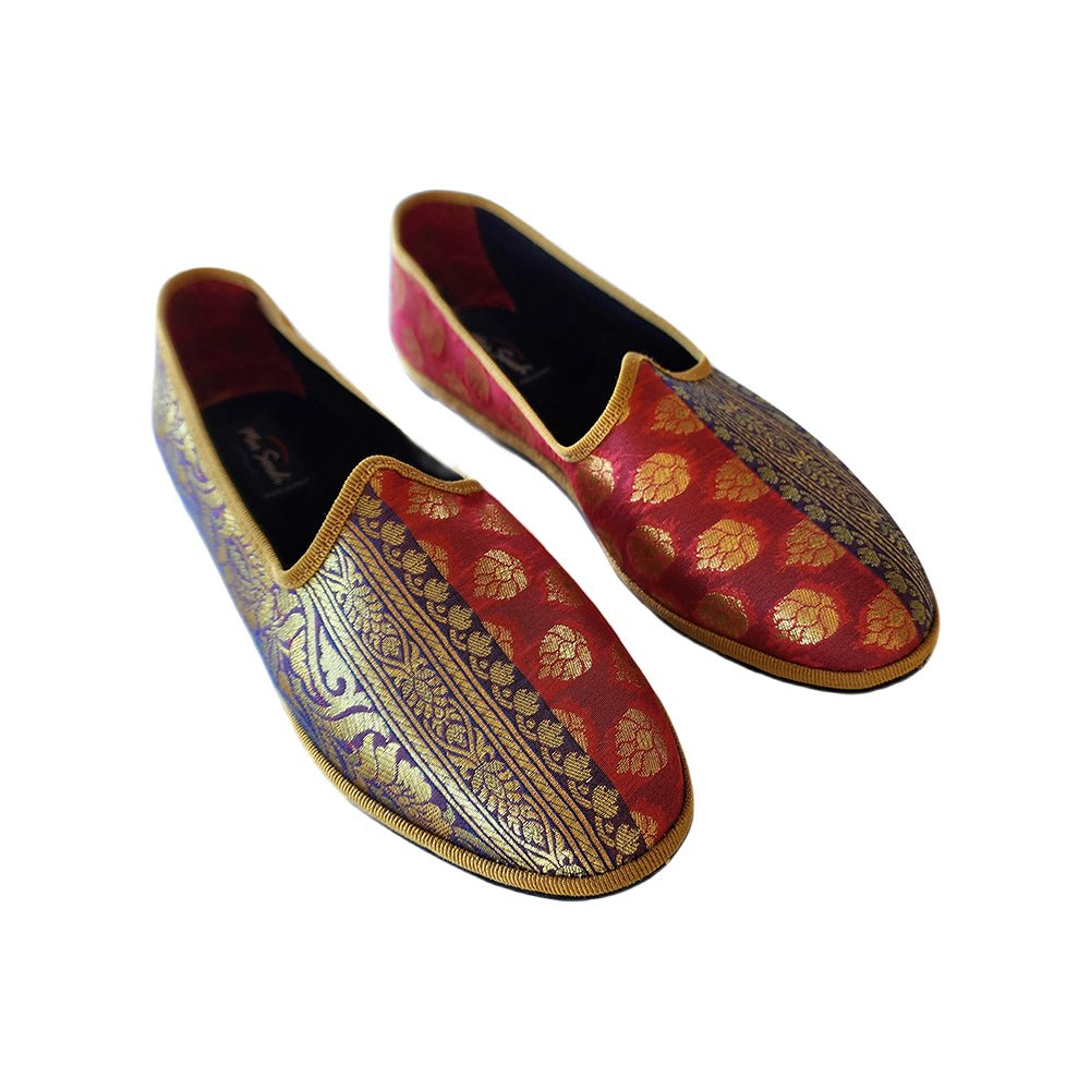 Anany Rosso Blu Oro Womens Silk Jacquard Red Gold Blue Slip On by Mar Soreli – Don't Panic Shoes
