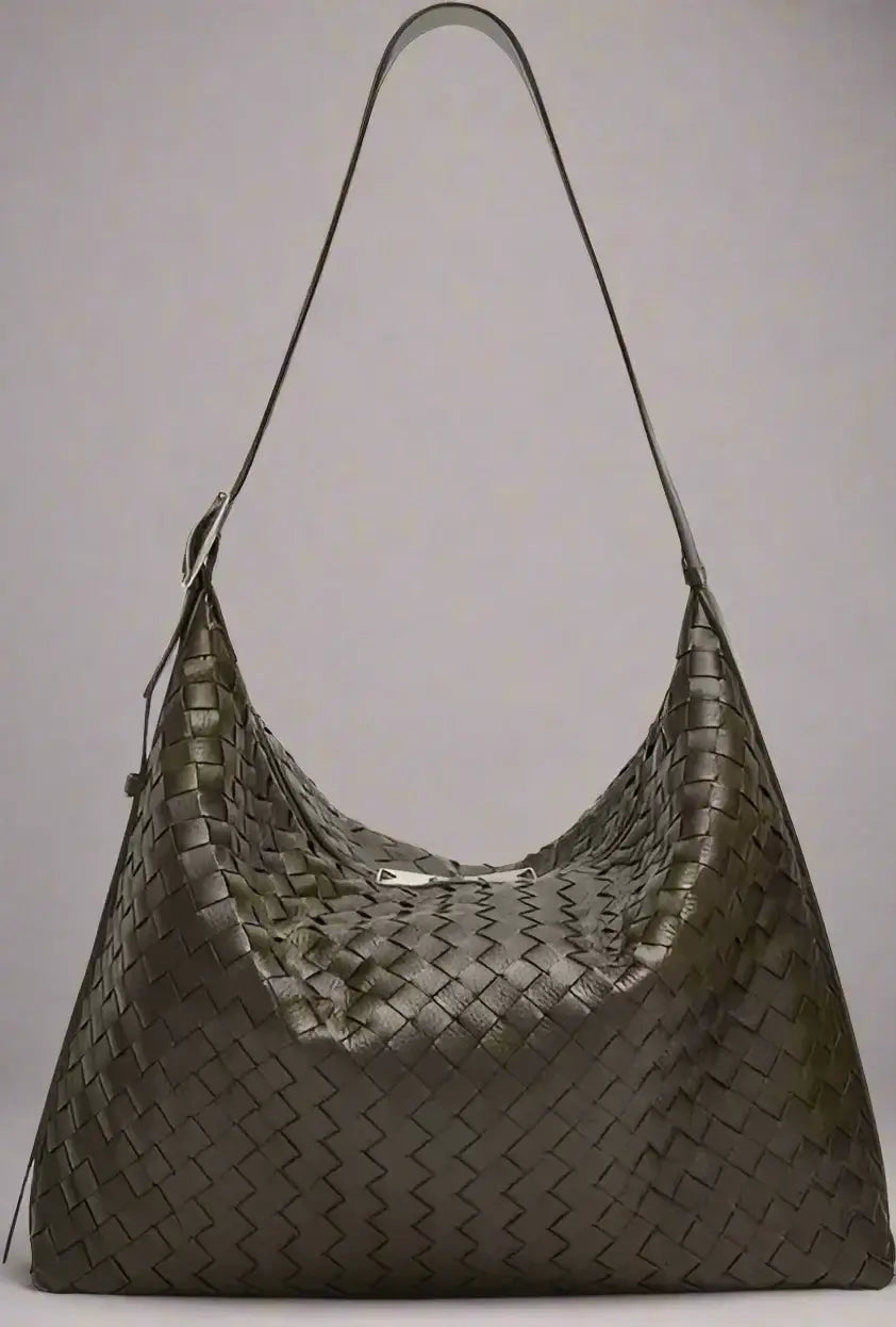 Bottega Veneta Traveller Medium Intrecciato Leather Hobo Bag Khaki