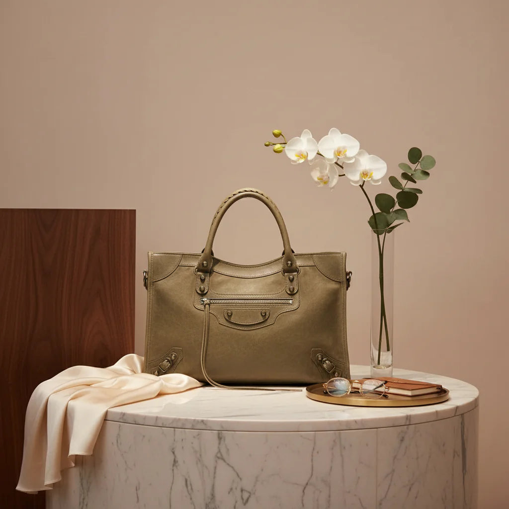 BALENCIAGA women's green Suede Le City medium Handbag